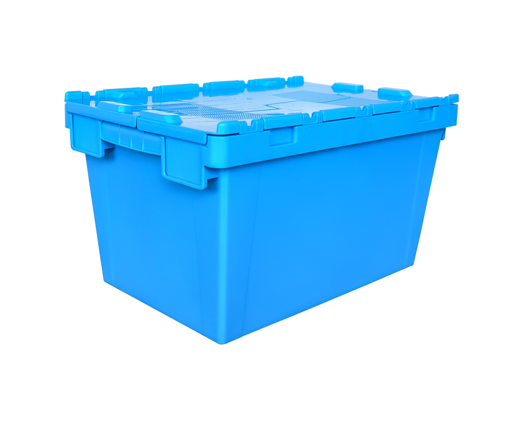 600x400x340 mm plastic moving tote box with hinged lid